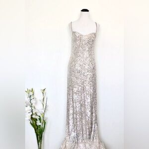 Galvan London Metallic Silver Sequin Long Evening Gown Dress SZ 6